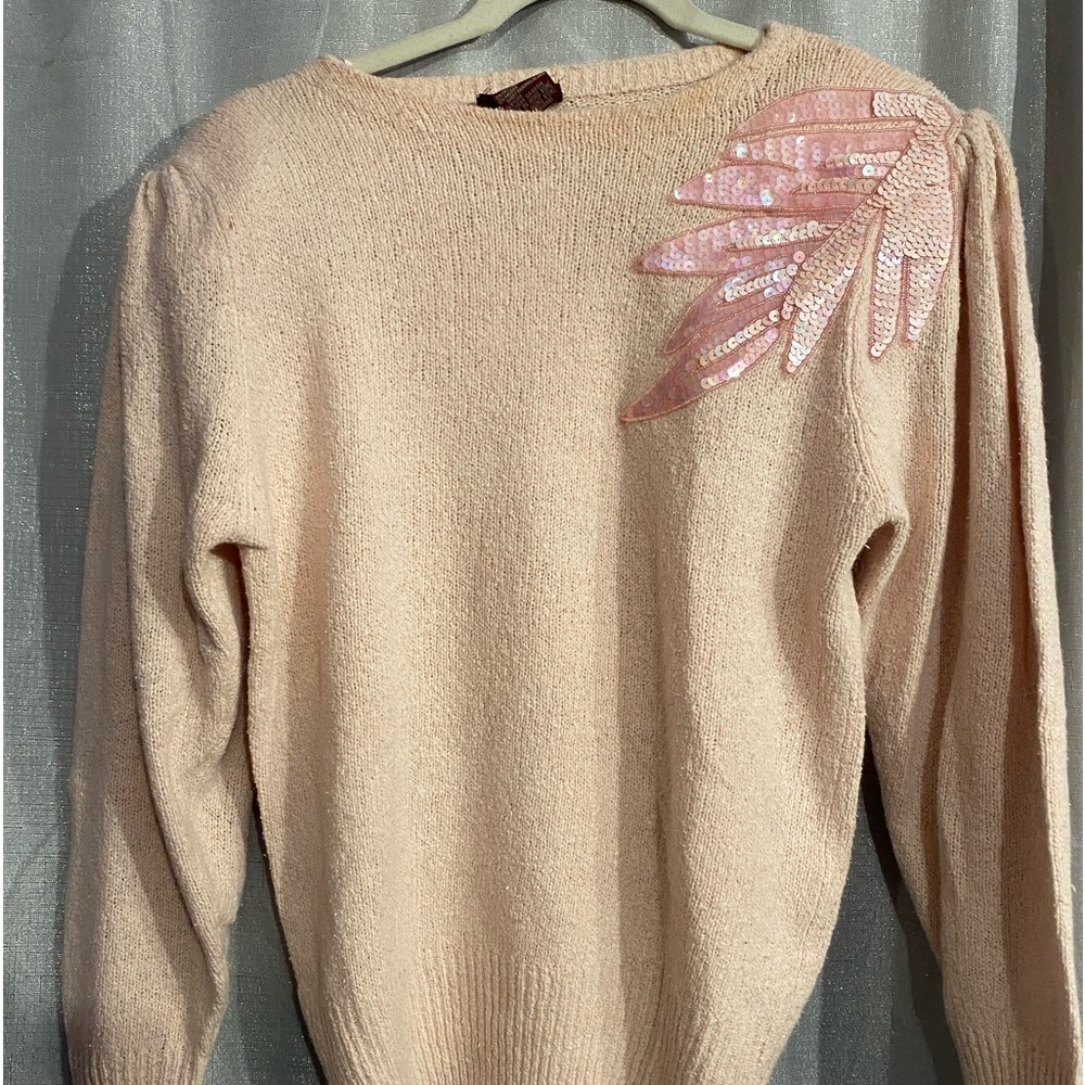 Vintage 80's off white  Puffed Sleeve Sweater With Sequin Applique Raoul med